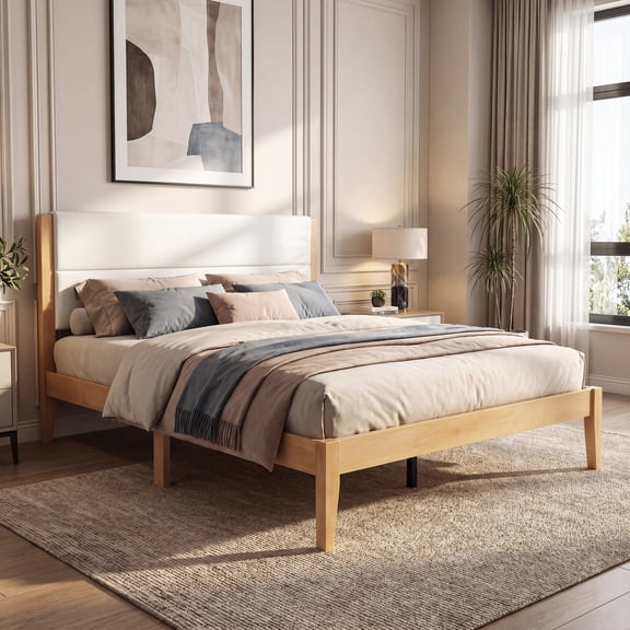 FFZ Mid-Century Modern Platform Bed Frame with Upholstered Headboard, Solid Wood Slat Support, King, Natural