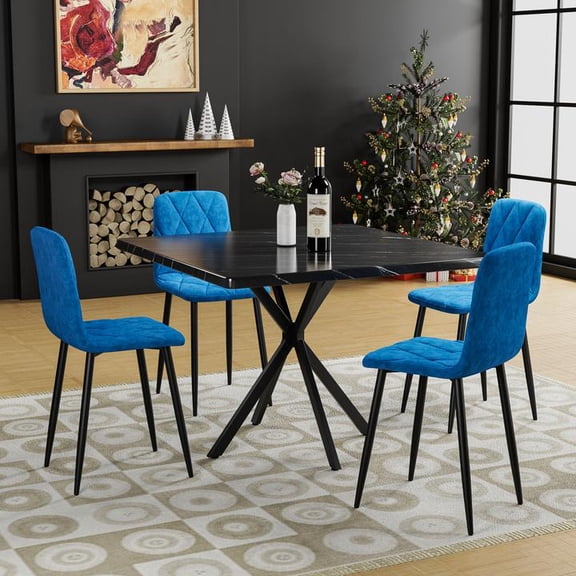 FFZ Mid Century Modern Space Saving Square Kitchen Dining Coffee Table Faux Marble Top Iron Legs For 4 Person