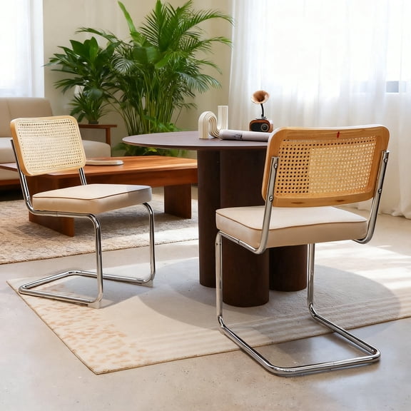FFZ Set of 2 Velvet Rattan Dining Chairs with Chrome Legs, Mid-Century Modern Design, Champagne