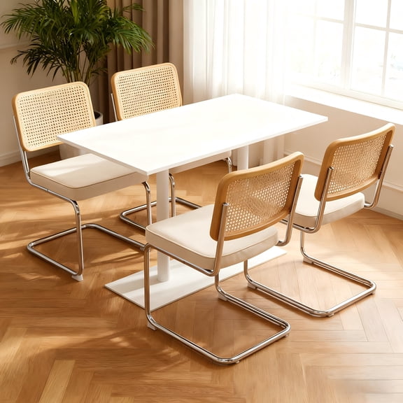 FFZ Set of 4 Velvet Dining Chairs with Rattan Backrest and Chrome Legs, 20.9 x 17.5 x 33.1 inch, Champagne