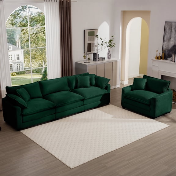 FFZ Mid-Century Modern Sectional Set of Two with Corduroy Fabric and Throw Pillows, Green