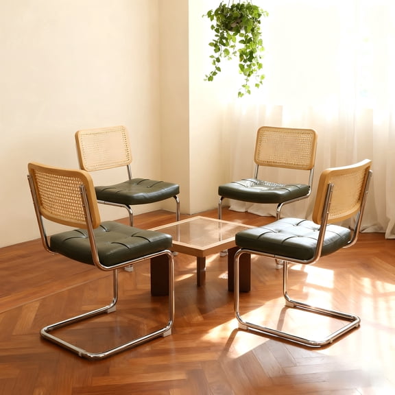 FFZ Set of 4 Faux Leather Rattan Dining Chairs with Chrome Legs, Mid-Century Modern Design, Dark Green