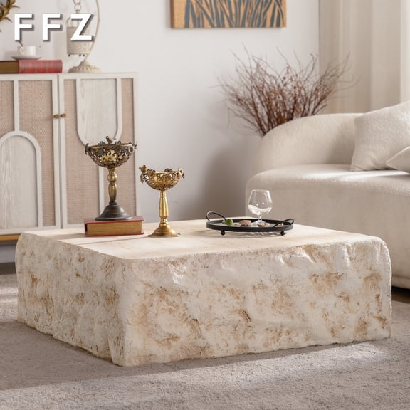 FFZ Mid-Century Round Coffee Table – 35.43” MgO Faux Stone Surface, Amber/Beige, No Assembly
