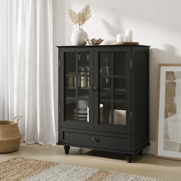 FFZ 36"Tall Minimalist Buffet Cabinet with Double Glass Doors, Drawer and Solid Wood Legs, Black