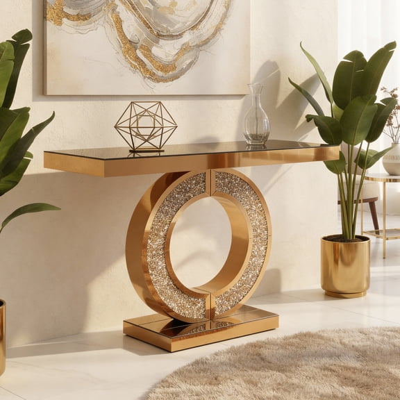 FFZ Mirrored Console Table with Crushed Diamond Inlay and O-Shaped Base for Entryway, Brown