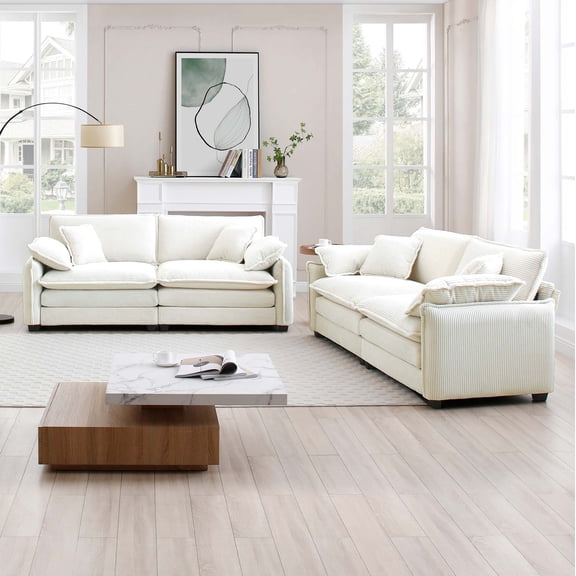 FFZ Modern 2-Piece Sofa Set with Corduroy Fabric and Retro Design, Beige