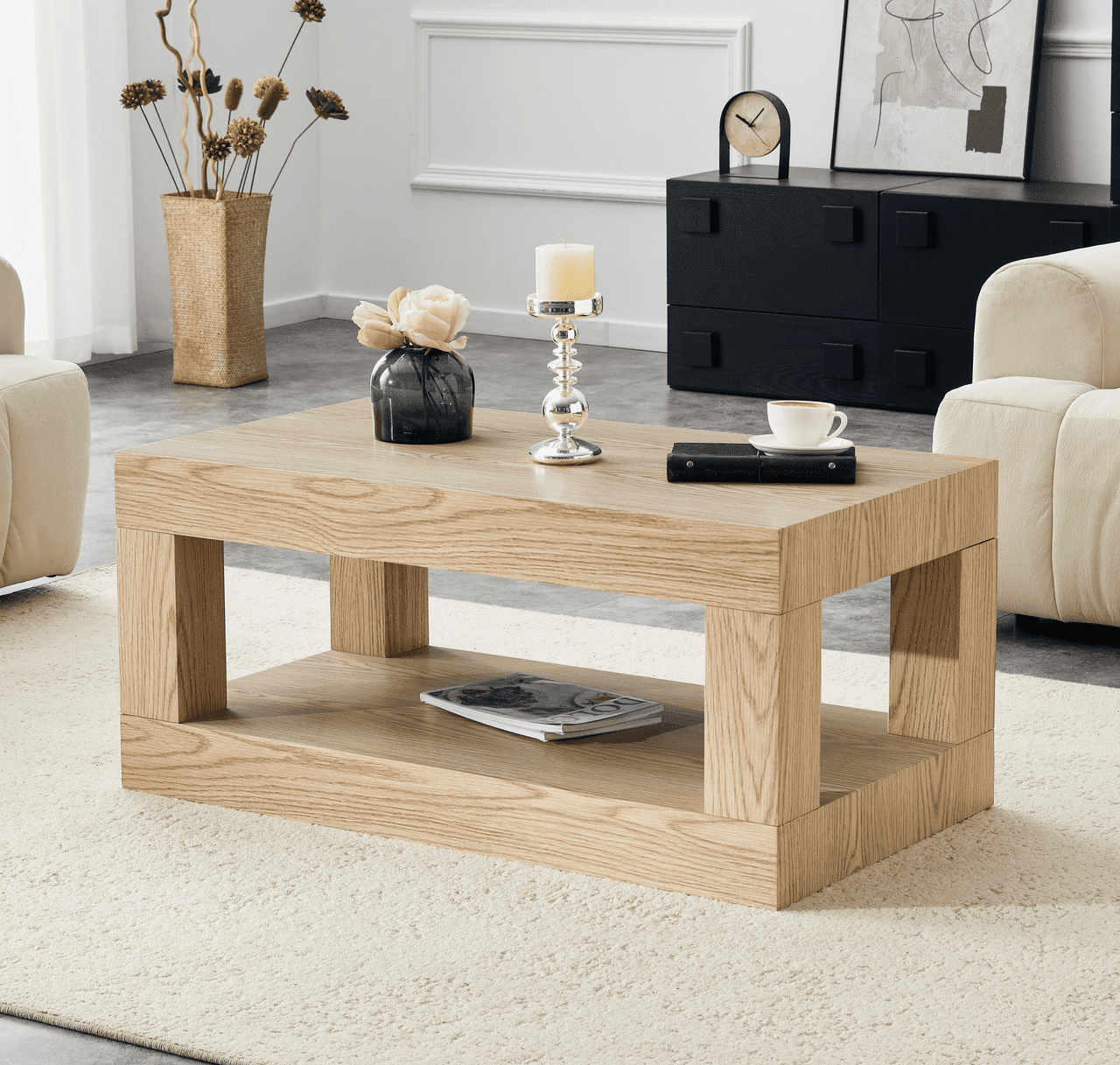 FFZ Modern 2-Tier Coffee Table with Open Storage Shelf, MDF, Wood