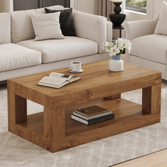 FFZ Modern 2-Tier Coffee Table with Open Storage Shelf, 39.5 x 21.5 x 18 inch, Wood