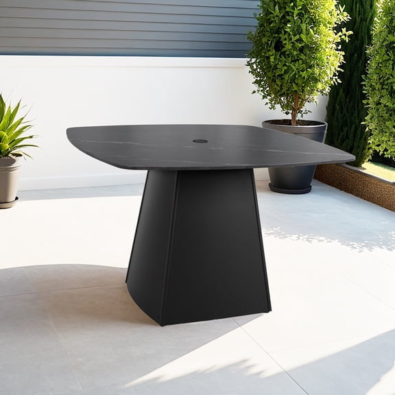 FFZ Modern 44 inch Rounded Square Outdoor Pedestal Dining Table Sintered Stone Top Flared Pyramid Aluminum Base, Black
