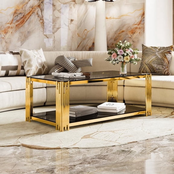 FFZ Modern Black Mirror Coffee Table with Asymmetrical Gold Frame & Lower Shelf, 47.5, Black