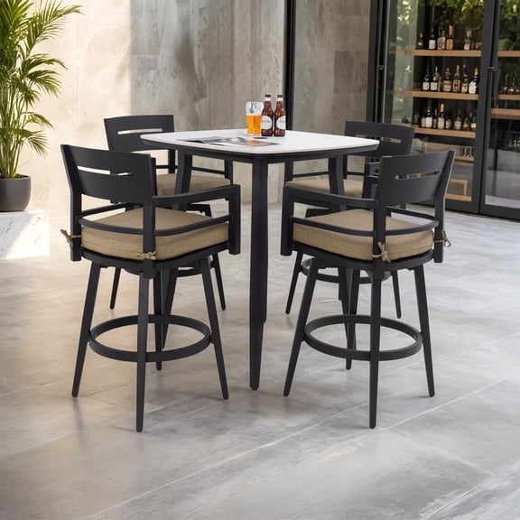 FFZ Modern 5 Pc Outdoor Patio Bar Set Rounded Square Stone Table 4 Swivel Chair Aluminum Frame Ember Black