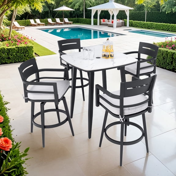 FFZ Modern 5 Pc Outdoor Patio Bar Set Rounded Square Stone Table 4 Swivel Chair Aluminum Frame Ember Black