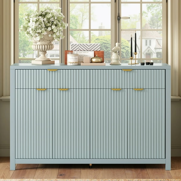 FFZ Modern 55.1'' Sideboard Buffet Cabinet with 2 Drawers, 4 Doors, Adjustable Shelves, Wave-Pattern, Cyan