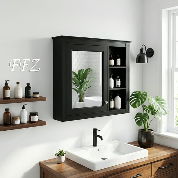 FFZ Modern 6-Color Bathroom Mirror Cabinet – 30''×28'' Wall-Mounted Storage with 3 Open Shelves (No BathroomVanity)