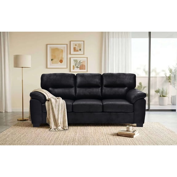 FFZ Modern 81 inch Foil Fabric Sofa with Padded Armrests and Black Legs, 3-Seater, Black
