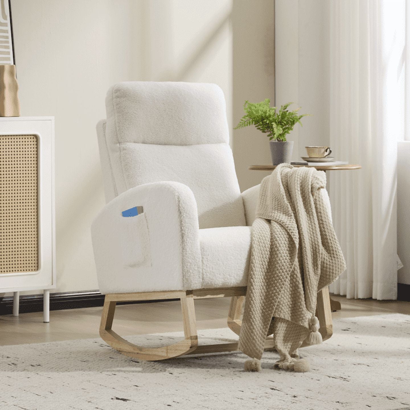 FFZ Modern Accent Rocking Chair Solid Wood Legs Upholstered Nursery Glider Armchair Side Pocket White