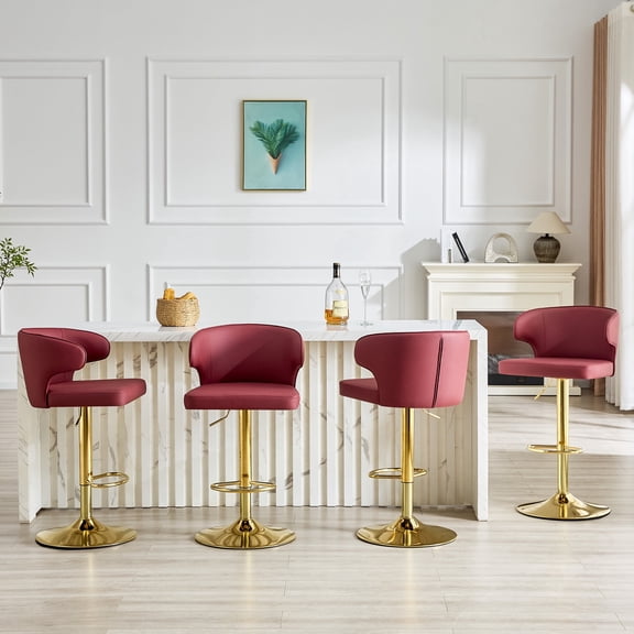 FFZ Modern PU Leather Swivel Bar Stool Set of 4 with Adjustable Height and Belt Backrest, 300 lbs, Gold