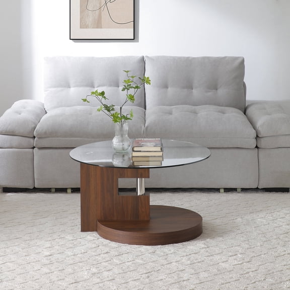 FFZ Modern Double-Layer Round Coffee Table with Glass Top and MDF Legs, 31.5 x 31.5 x 17.7 inch, Walnut