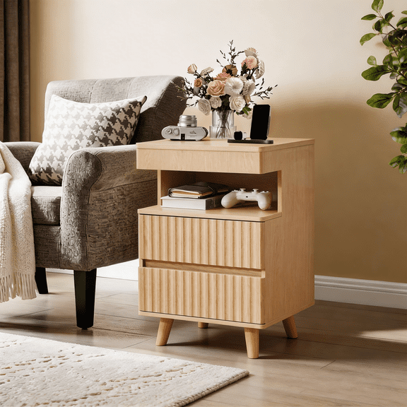 FFZ Contemporary Bedside Table With Gun Drawer Charging Station 2 Drawers Open Shelf Oak