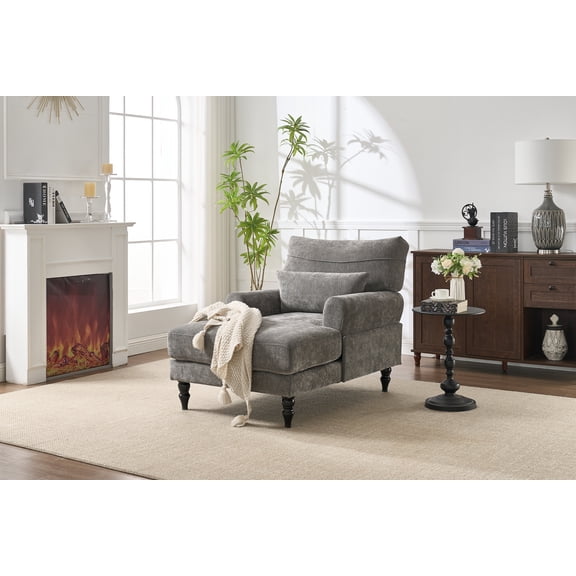 FFZ Modern Chaise Lounge with Spacious Soft Cushion and Solid Wood Frame, 34.65 x 51.57 x 35.83 inch, Grey