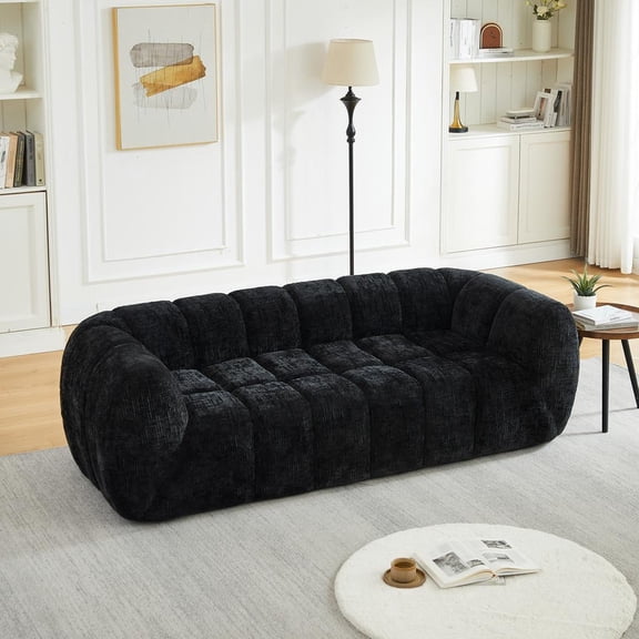 FFZ Modern Chenille Cloud Sofa, Quilted Backrest, Black