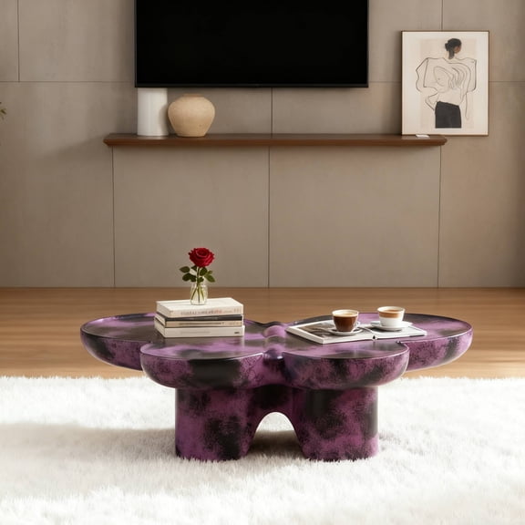 FFZ Modern Butterfly Coffee Table with Faux Travertine Top, 47.24 x 33.46 x 12.59 inch, Purple+Black