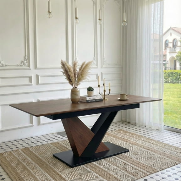 FFZ Modern Contemporary Kitchen Dining Table MDF Solid Wood Veneer Top Scratch-Resistant Cross Geometric Metal Legs, Dark Walnut