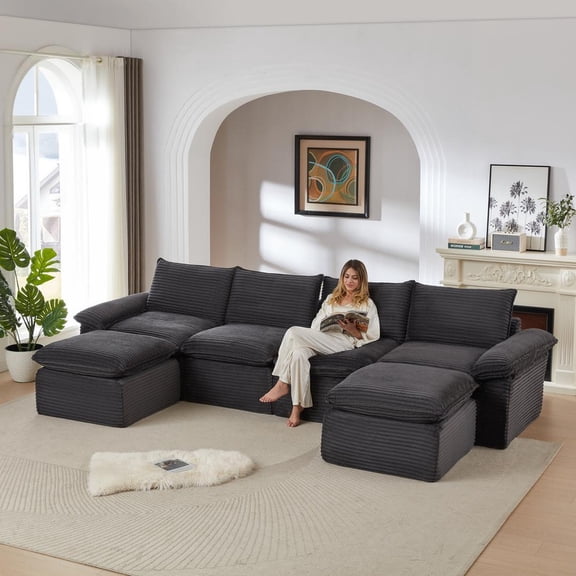 FFZ Modern Cloud Sofa, Corduroy Modular Sectional for Living Room, Dark Gray