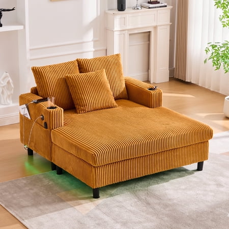 FFZ Modern Corduroy Oversized Recliner Sofa with RGB LED, USB Charging and Cup Holders, Mustard yellow