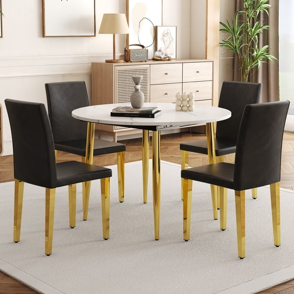 FFZ Modern Extendable Pull-Out MDF Kitchen Dining Table With 4 PU Chairs for Family Gatherings, Black