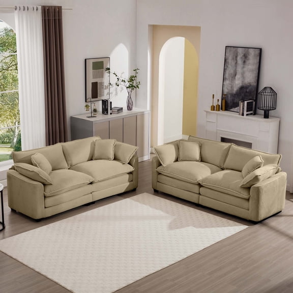 FFZ Modern Fabric Two-Piece Sofa Set with 8 Cushions and Deep Recliner, Tan