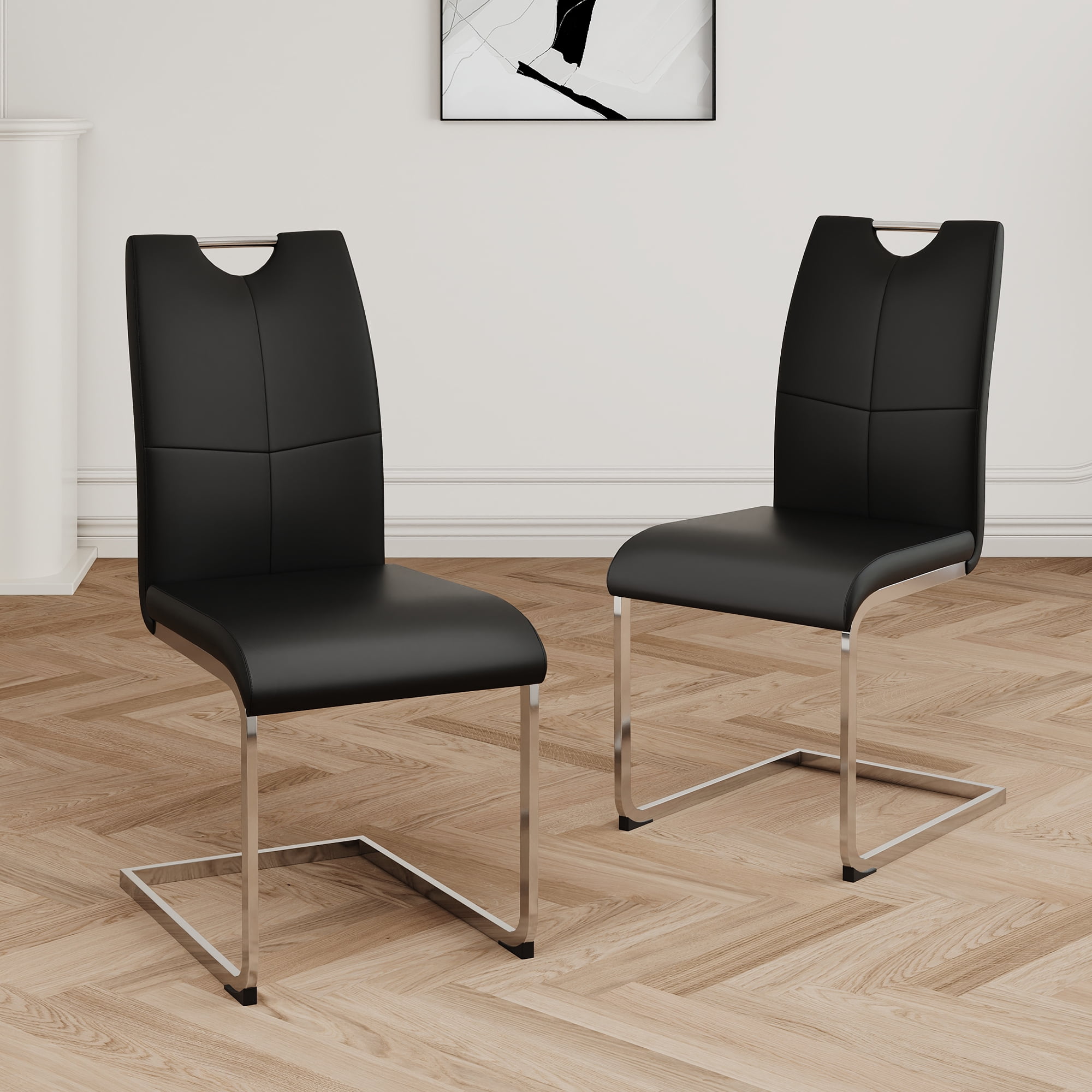 FFZ Modern Faux Leather Padded Dining Chairs Chrome Metal Legs Set Of 2 ...