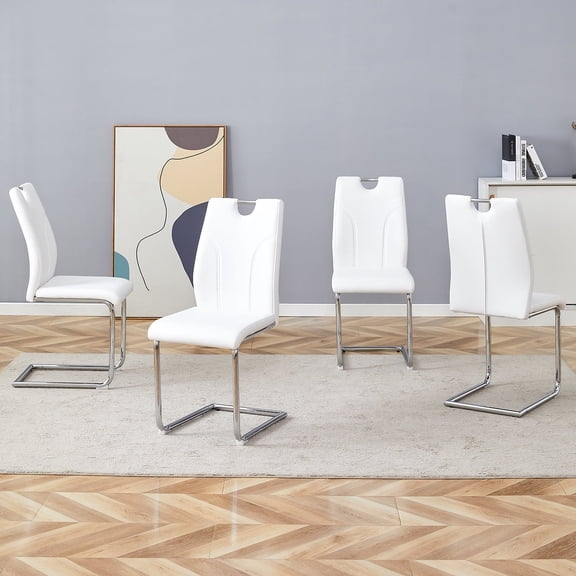 FFZ Modern Dining Chairs Set of 4 with Faux Leather Seat and Chrome Metal Legs, White+Silver