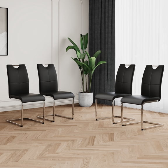 FFZ Set of 4 Modern Dining Chairs with Faux Leather Seat and Chrome Metal Legs, Black+Silver