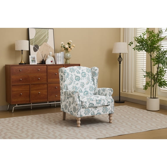 FFZ Modern Floral Accent Chair with Retro Wood Legs, Comfy Upholstered Armchair, Antique Green