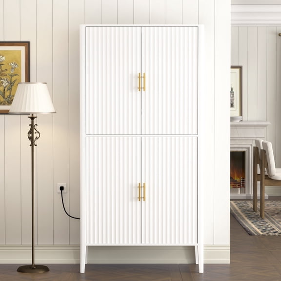 FFZ 35.24" Fluted Wine Cabinet with Glass Display, LED Lighting and 4 Doors, White