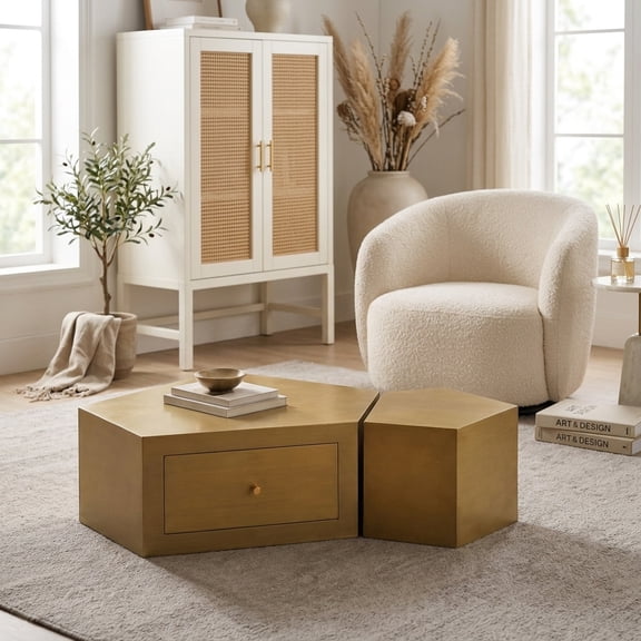 FFZ Modern Geometric Coffee Table Set of 2 with Hidden Drawers and Modular Nesting Design, Gold