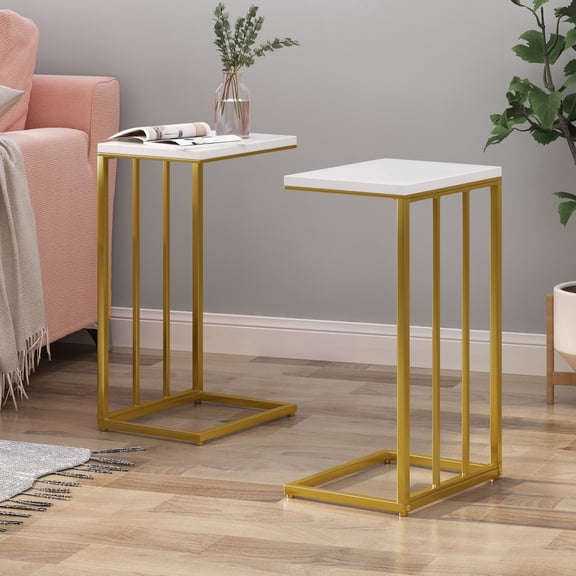 FFZ C-Shape End Table with Modern Glam Style and Iron Frame, 16.75 x 12.5 x 28 inch, Gold+white