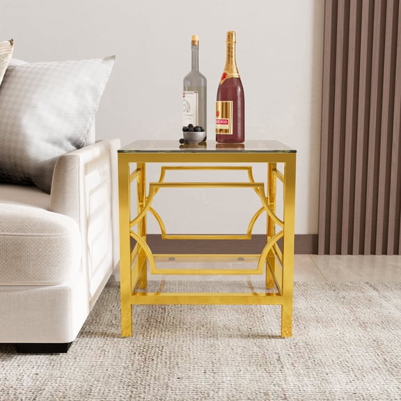 FFZ Modern Gold Square Side Table with Tempered Glass Top and Storage Shelf, 19.7, Transparent