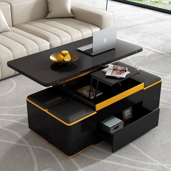 FFZ Lift-Top Coffee Table with Storage Stools and Foldable Top, 47.2 x 23.6 x 16.9 inch, Black