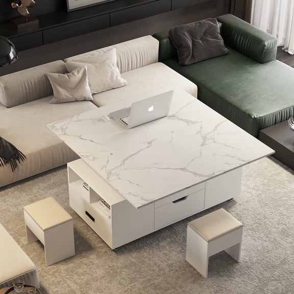 FFZ Modern Lift-Up Coffee Table with 2 Stools and Hidden Storage, 45.3 x 23.6 x 18.7 inch, White
