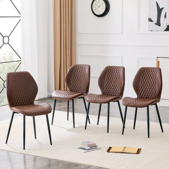 FFZ Set of 4 Diamond-Quilted PU Dining Chairs with Black Metal Legs, 18 x 22 x 33.6 inch, Brown+Black