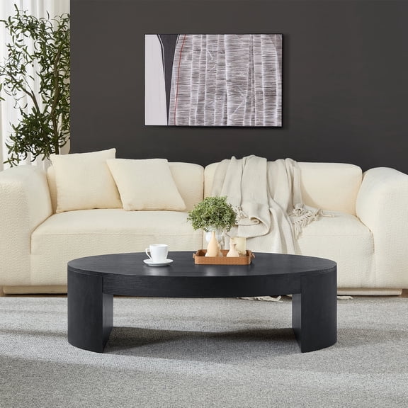 FFZ Modern Oval Coffee Table with Red Oak Veneer and Half-Round Legs, 47.24 x 31.49 x 13.77 inch, Black