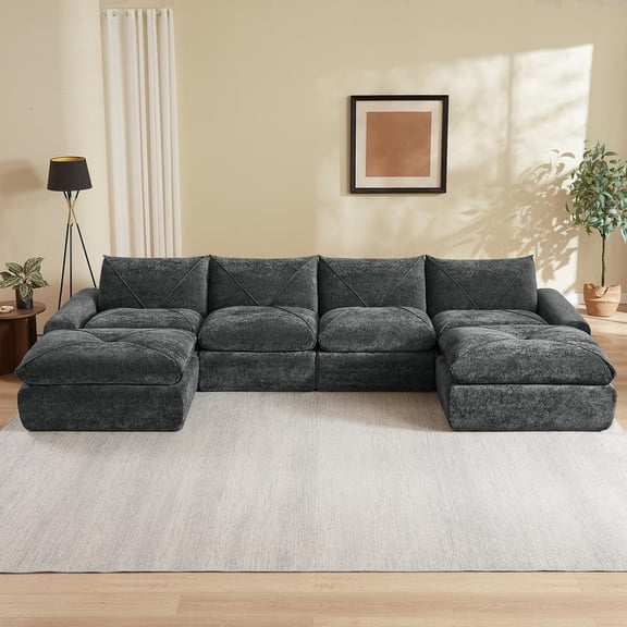 FFZ Modern Minimalist Chenille Sofa, Spacious Living Room Couch, Dark Gray