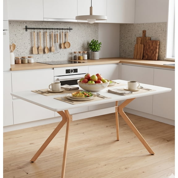 FFZ Modern Minimalist Kitchen Office Dining Table MDF Anti-Scratch Top Metal Shelf Heat Transfer Legs Leveling Feet, White
