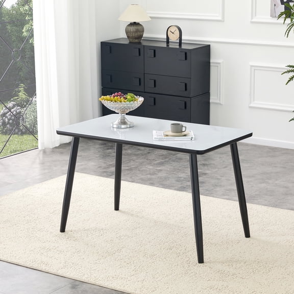 FFZ Modern Rectangular Dining Table with Tempered Glass & Marble-Look Top, Seats 4-6, White+black