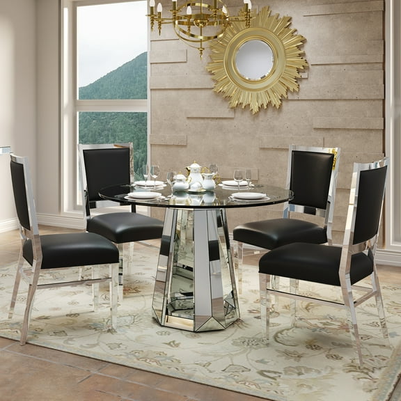 FFZ Modern Minimalist Round Tempered Glass Mirror Surface Dining Kitchen Table With Base