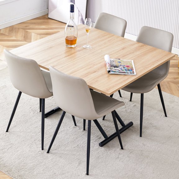 FFZ Lifting Dining Table Set with 4 PU Chairs, Adjustable Height, Light Wood Grain, Black Metal Legs, Black
