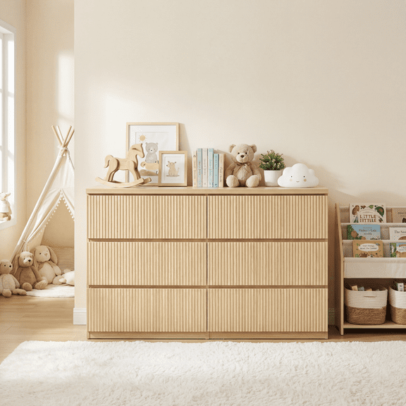 FFZ Natural Wood 6 Drawer Dresser Wave Panel Fronts Storage Cabinet Versatile Chest Bedroom