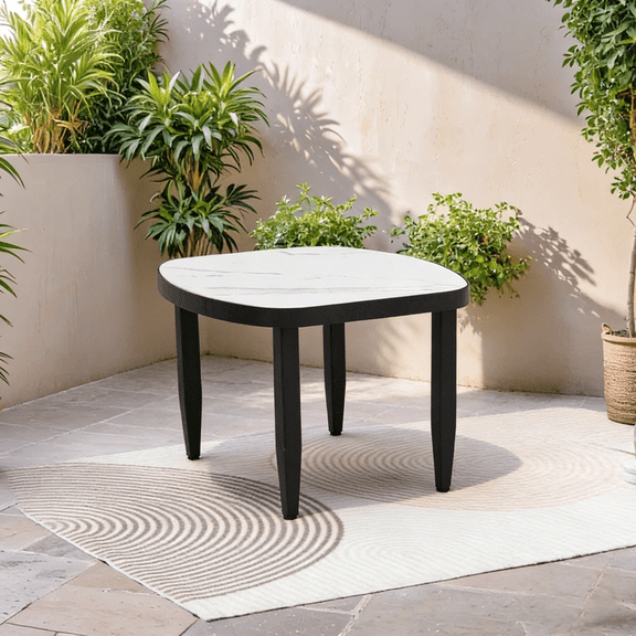 FFZ Modern Outdoor Elegance Arc 23.6''Side Table With Greek White Marble-Inspired Sintered Stone Top, Aluminum Frame,Weatherproof & Rust-Free